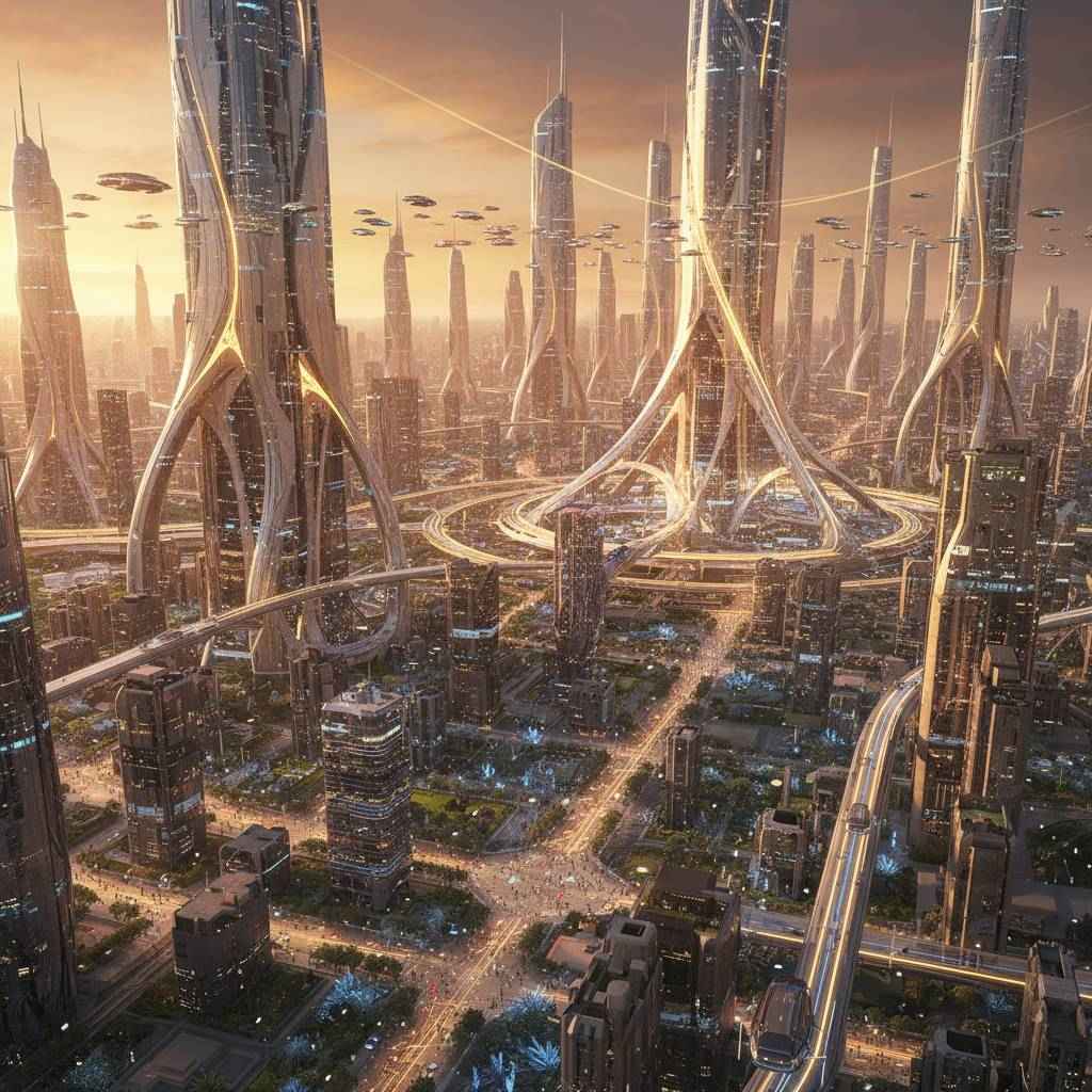 Futuristic nano technology city skyline rendered in golden light
