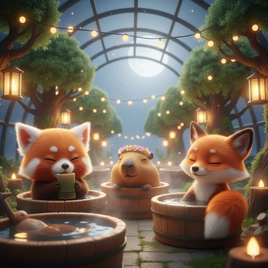 Cute animal characters relaxing in wooden hot tubs under skylight, surrounded by trees and warm lights