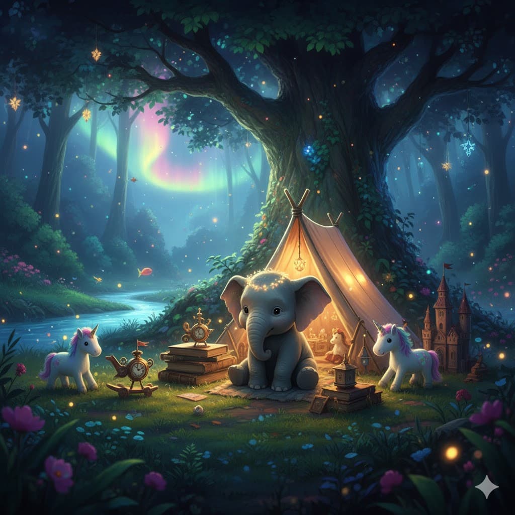 Whimsical scene with a glowing tent, small elephant, and toy-like figures in a dreamy fairytale setting.