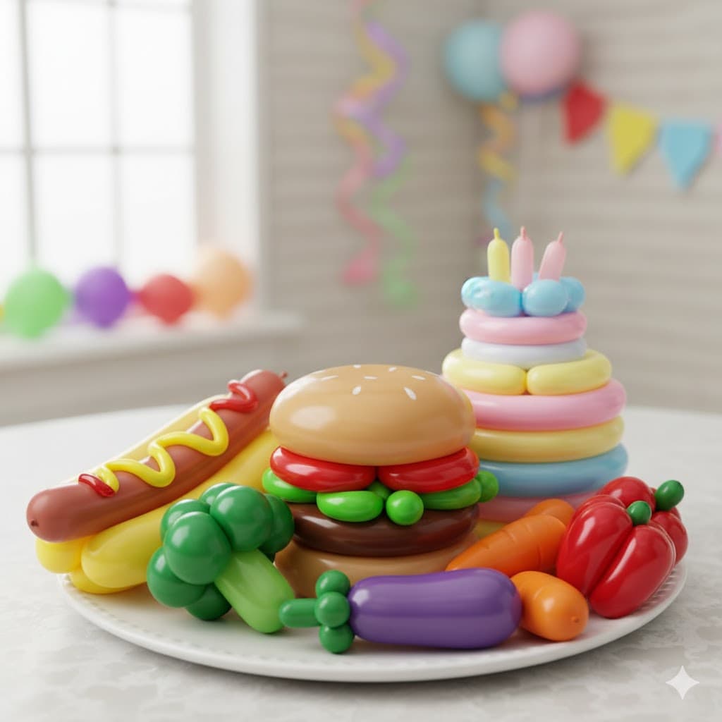 Colorful balloon sculptures shaped like burgers, hot dogs, cake, and vegetables arranged on a plate.