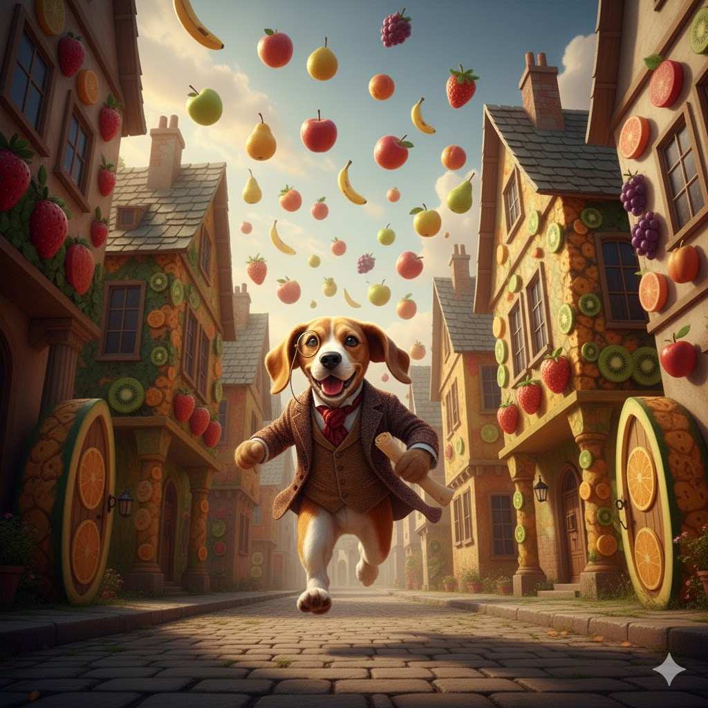 A dapper dog with a monocle running through a fruit town as fruits float in the air.